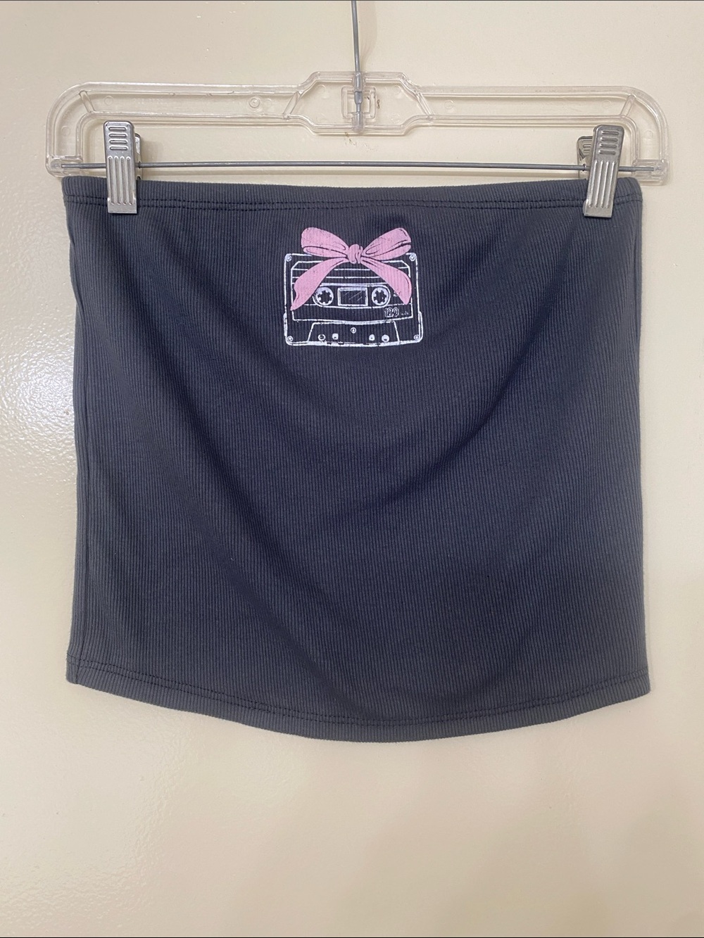 Gray Ribbed Tube Top with Pink Cassette Graphic